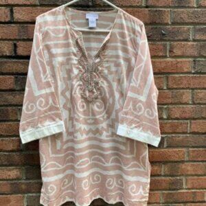 Soft Surroundings Pink White Tribal Top Tunic Cover Up Beaded Hook Closure Large